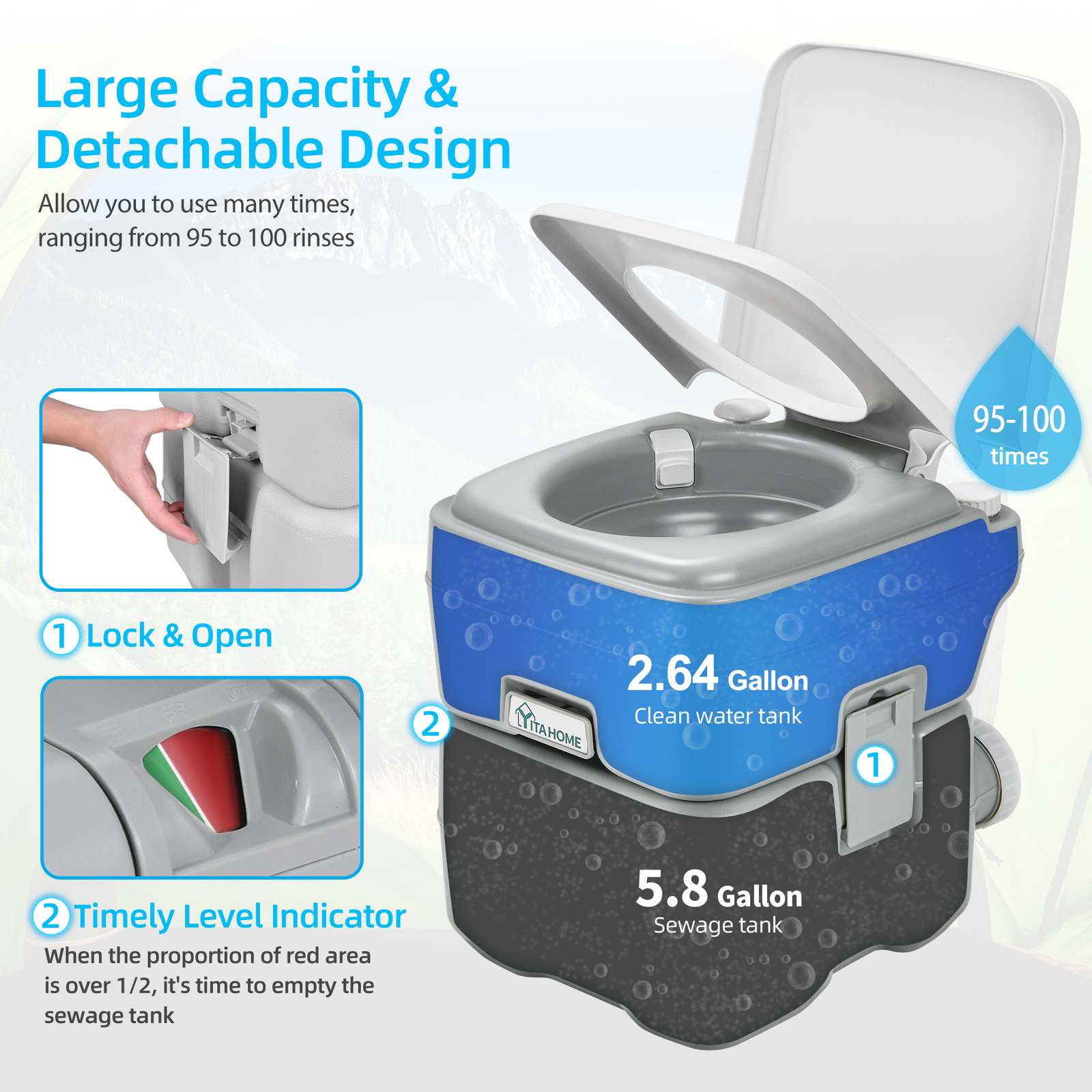 Portable Toilet 5.28 Gallon Porta Potty W/Level Indicator Hand Sprayer RV Travel