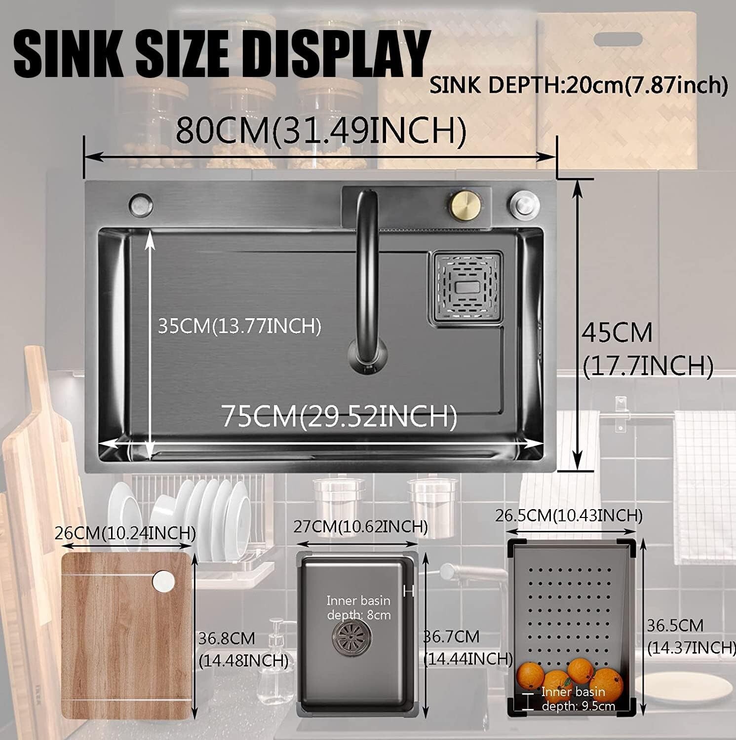 Flying Rain Stainles Steel Watefall Kitchen Sink w PullDown Faucet Gray 31.5INCH