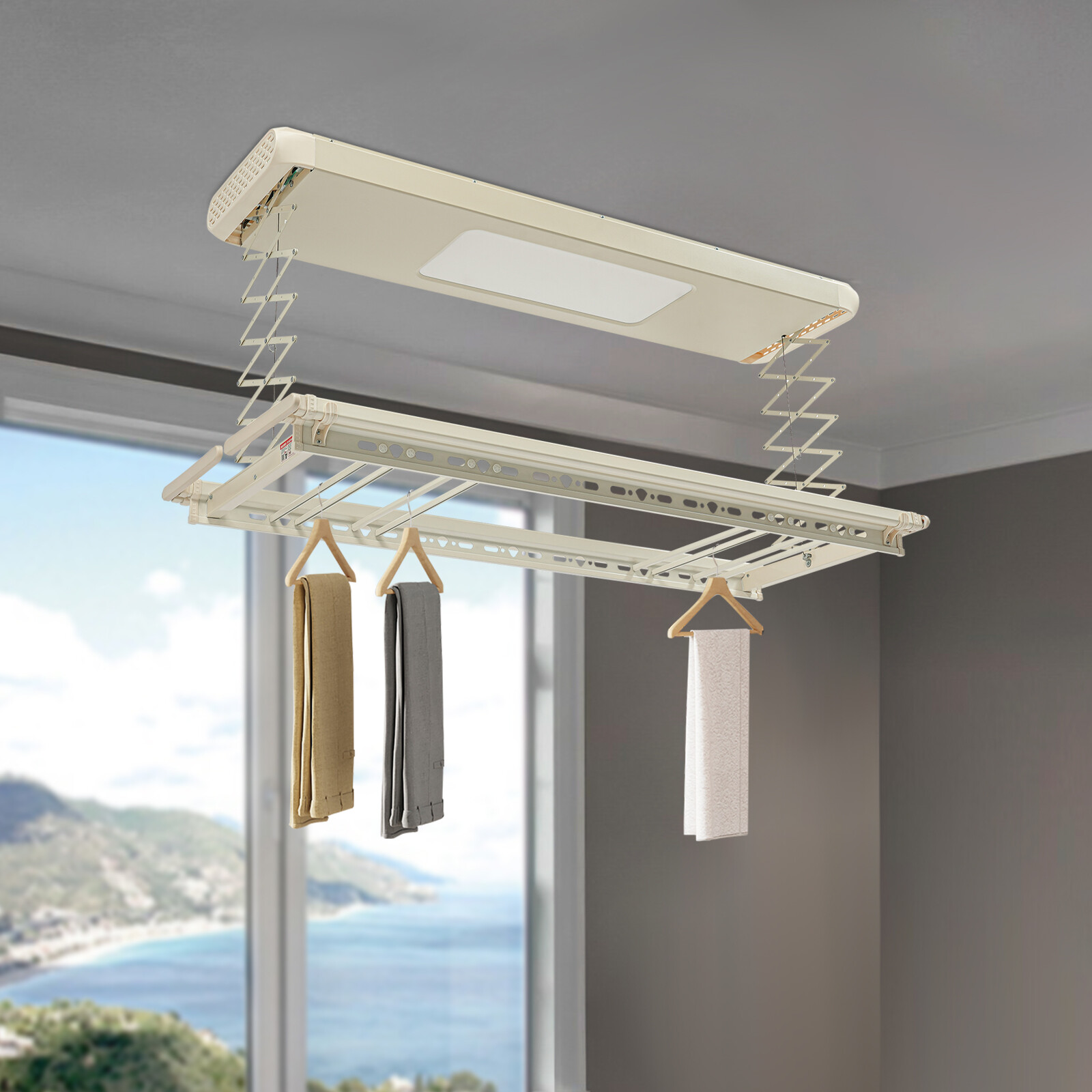 8 Rods Ceiling-mounted Clothesline Resealable Vertical Drying Rack Led Light 24W