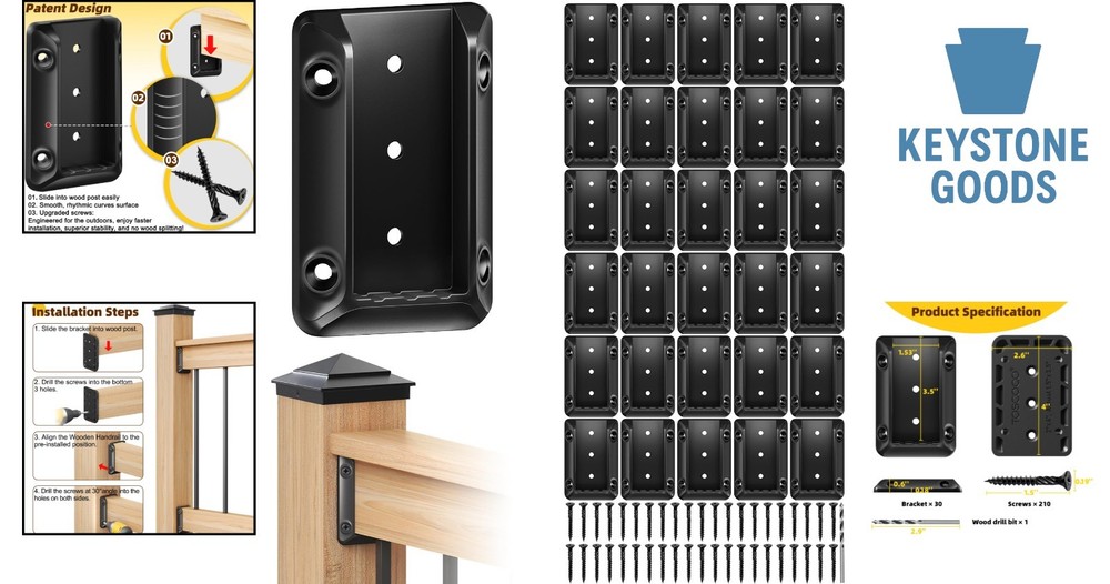 30 Pcs Deck Railing Bracket Set with Screws & Drill Bit for Wooden Posts & Ha...