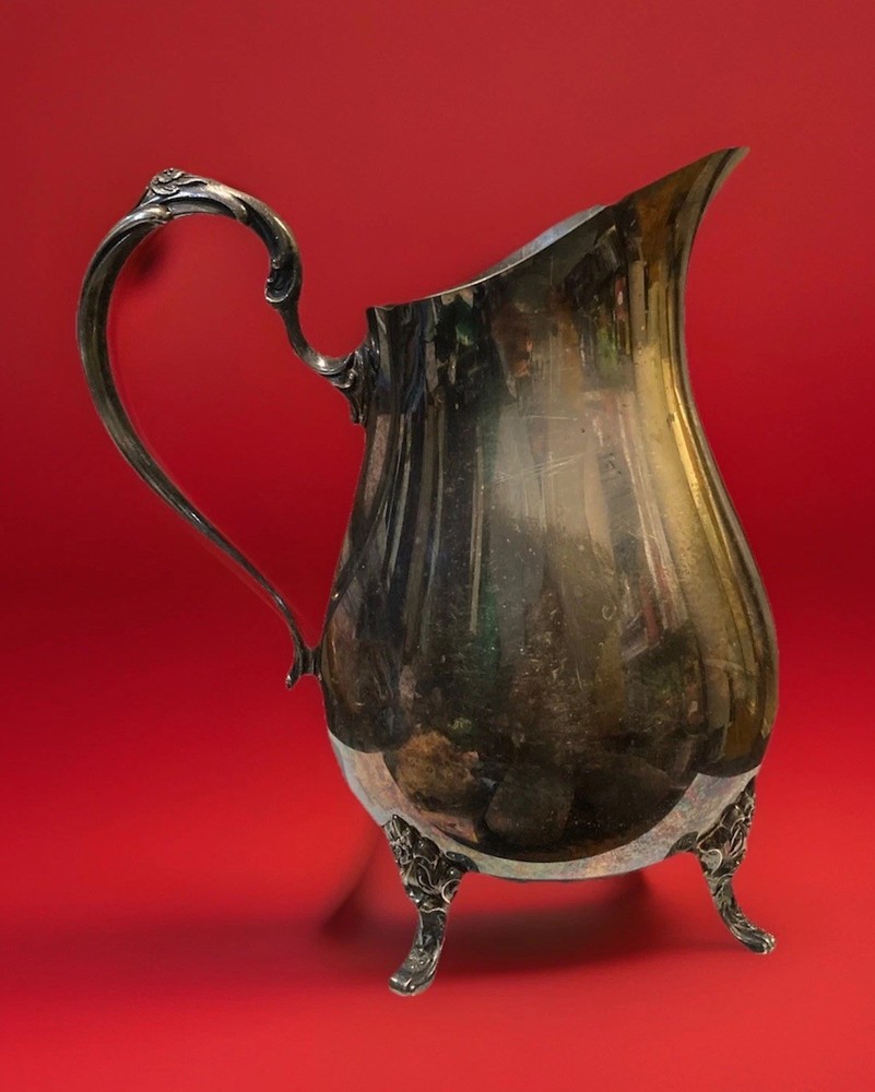 Silver Floral Repousse / Footed Water Pitcher W/ Ice Lip