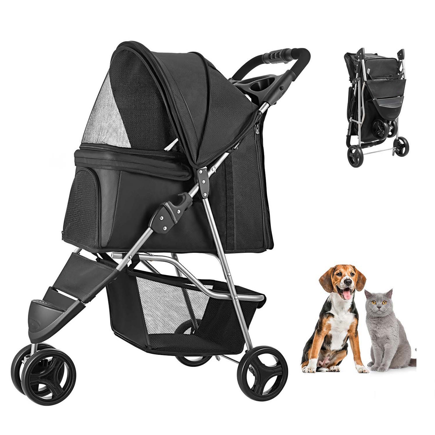Pet Stroller Foldable 3 Wheels Dog Stroller with Brake up to 35lbs