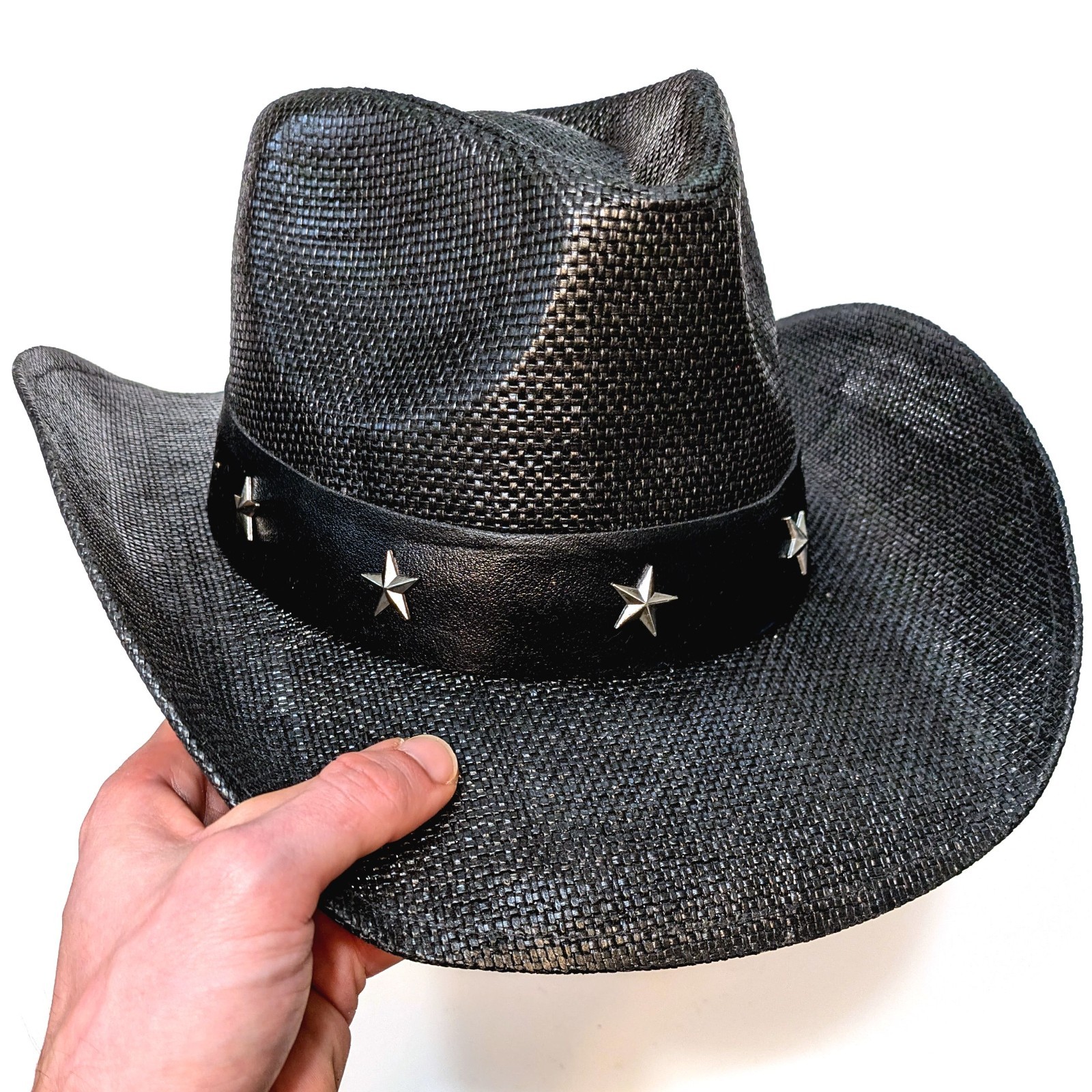 STRAW COWBOY HAT Black with Silver Star Black Band (Adult Size) Shipped in a Box