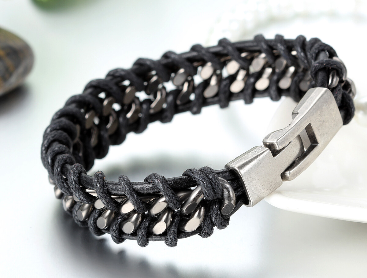 Black Braided Leather Silver Stainless Steel Cuban Chain Men's Bracelet Bangle