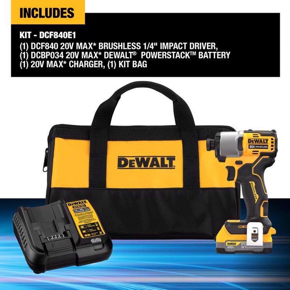 DeWalt DCF840E1 20V MAX POWERSTACK 1/4 in. Cordless Brushless Impact Driver Kit