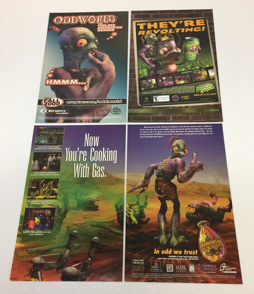 three ODDWORLD video game ads ~ two single page, another two page