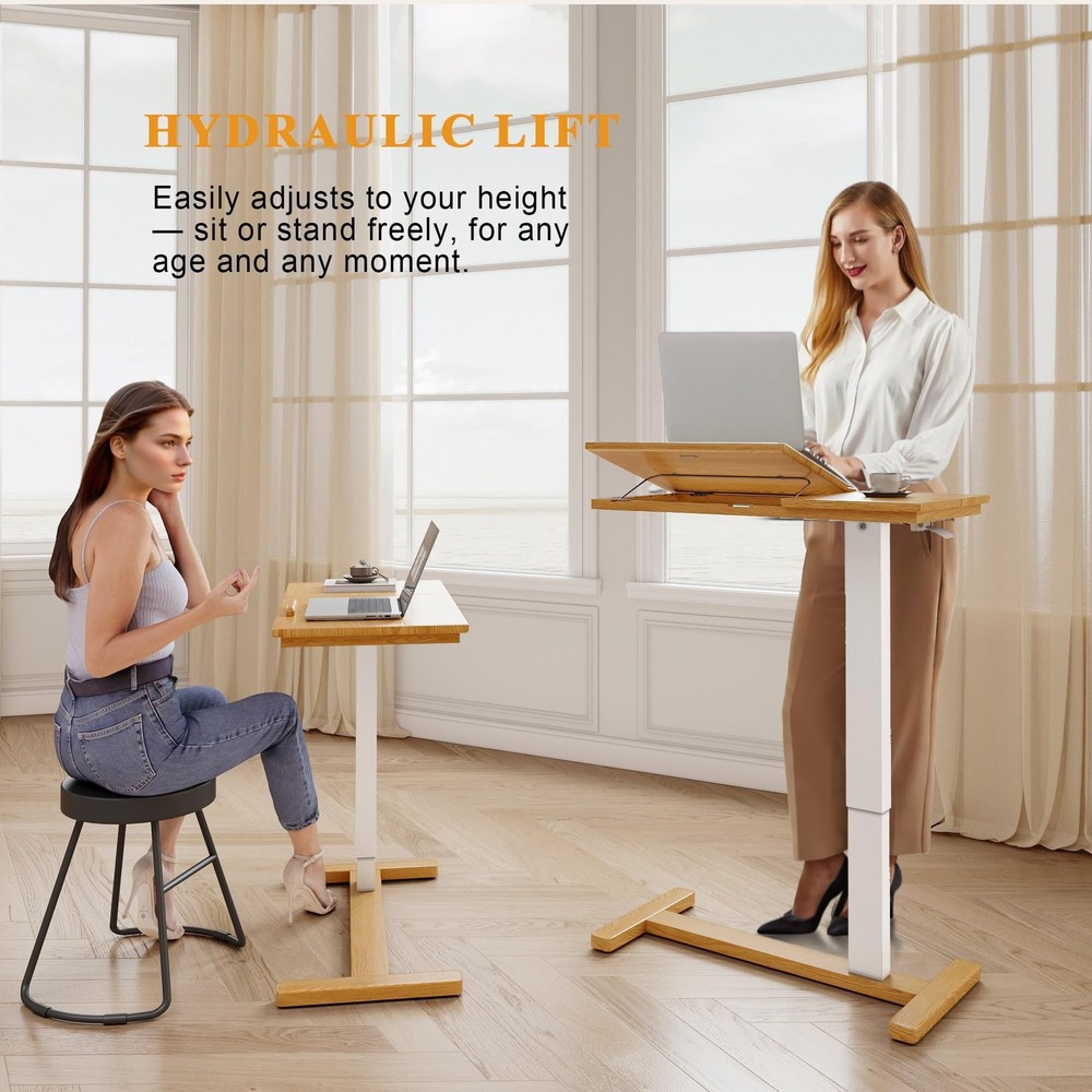 Solid Wood Overbed Bedside Table with Hidden Casters, Adjustable Hospital Bed...