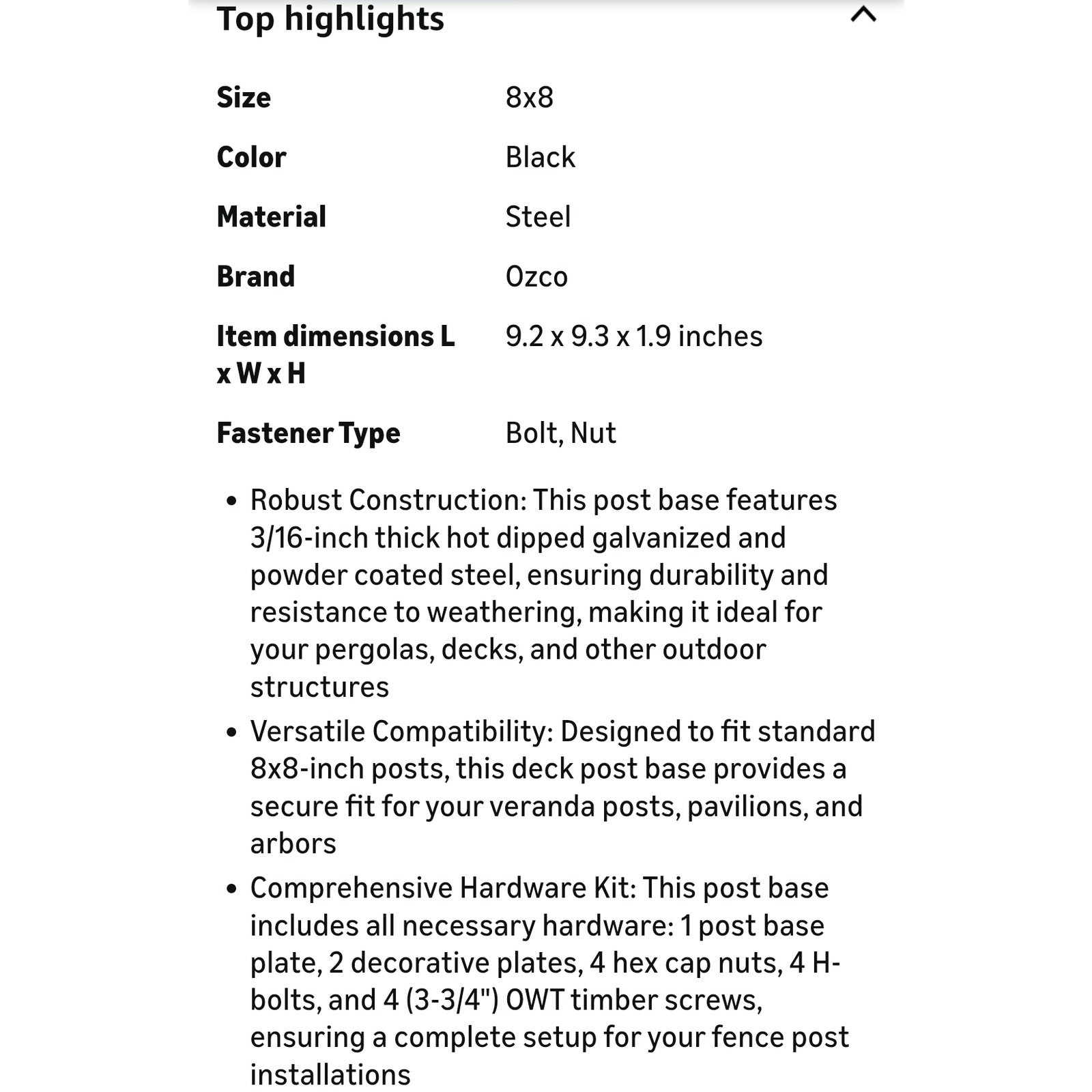 Ozco Ironwood Lite 8x8 Post Base Kit Galvanized Steel Base and Screws 52109 s36
