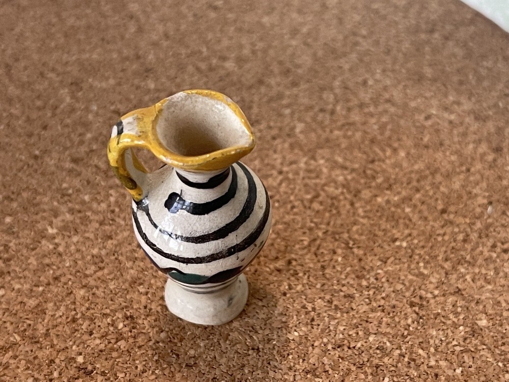 Miniature Ceramic Pitcher yellow trim with black stripes