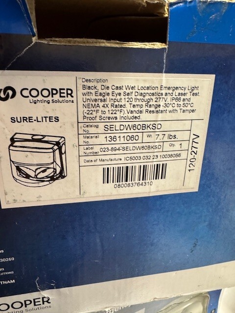 Cooper Emergency Light Seldw60BKSD - LED Security Lighting, Battery Backup, UL L