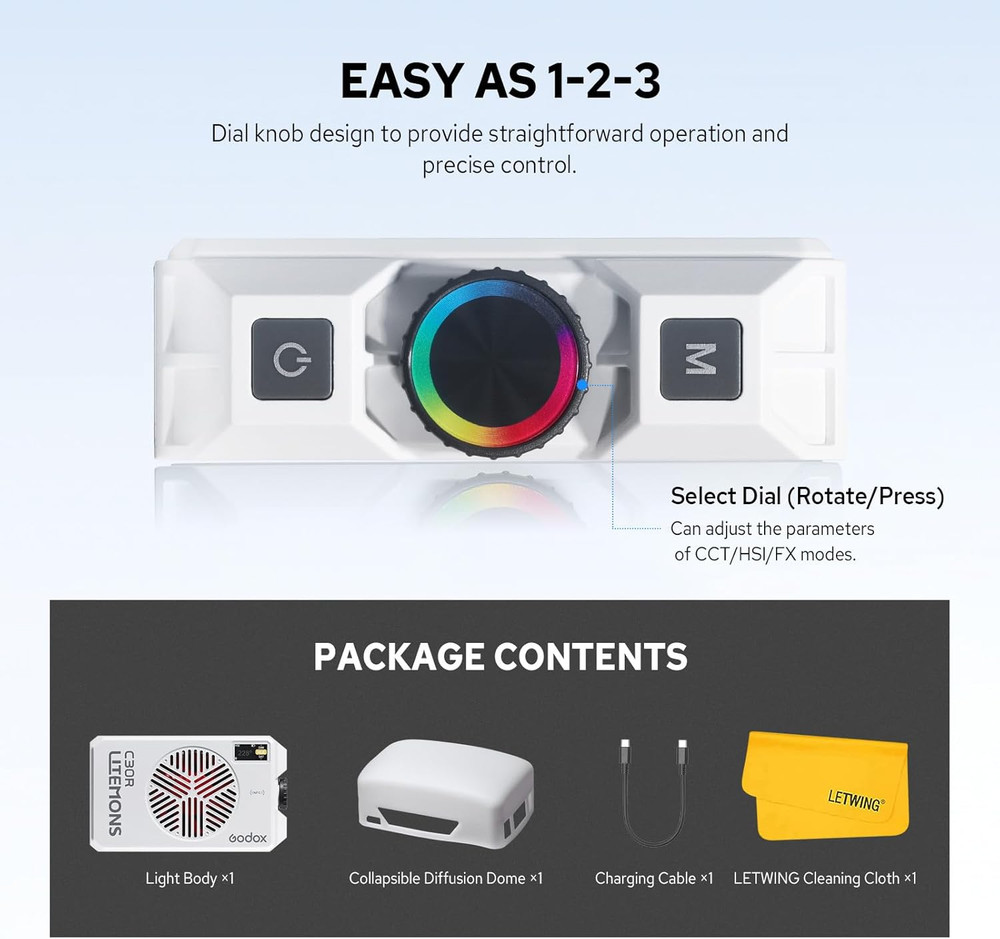 C30R RGB Camera Light Panel 30W, Portable Led Camera Video Light Panel W/Diffusi