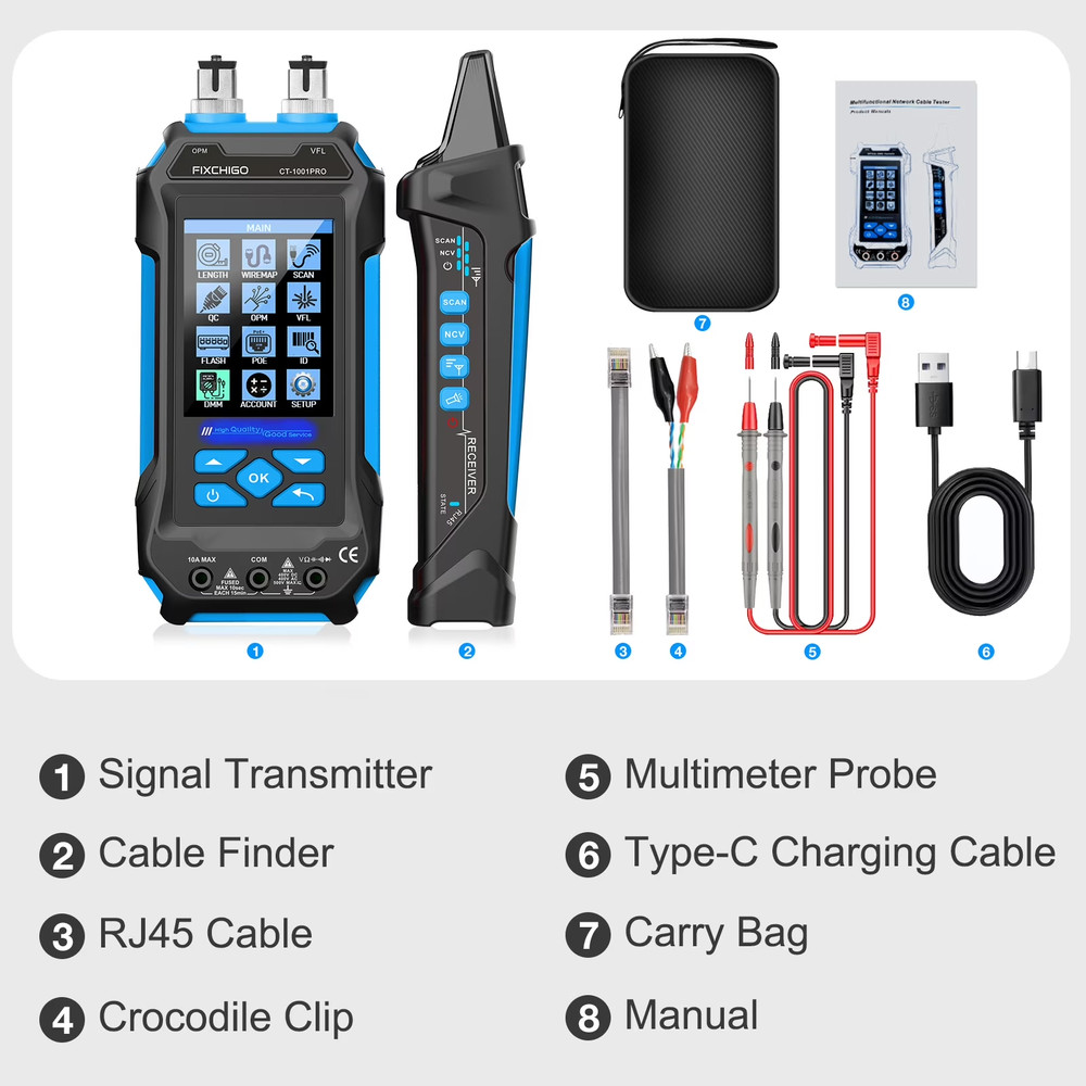 FIXCHIGO Multifunctional Network Cable Tester with Multimeter, PoE, VFL