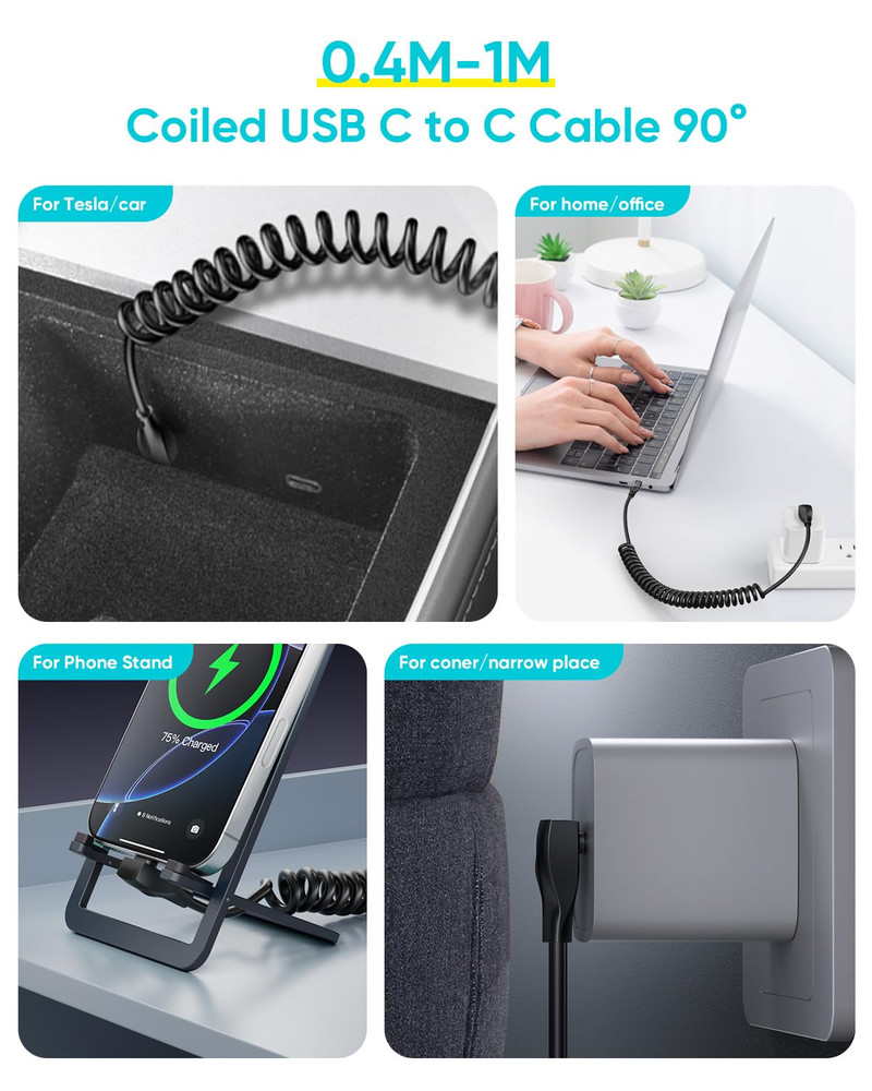 Right Angle Coiled USB C Cable 5FT [Recommended Stretch Length:1.3Ft-3.3Ft] 1Pac