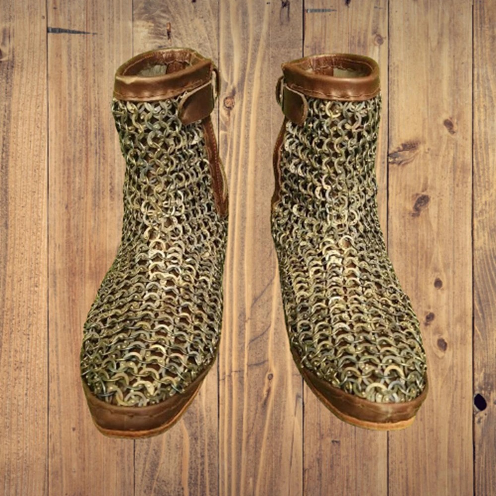 9mm Chainmail Leather Shoes | Flat Ring Dome Riveted Medieval Boots