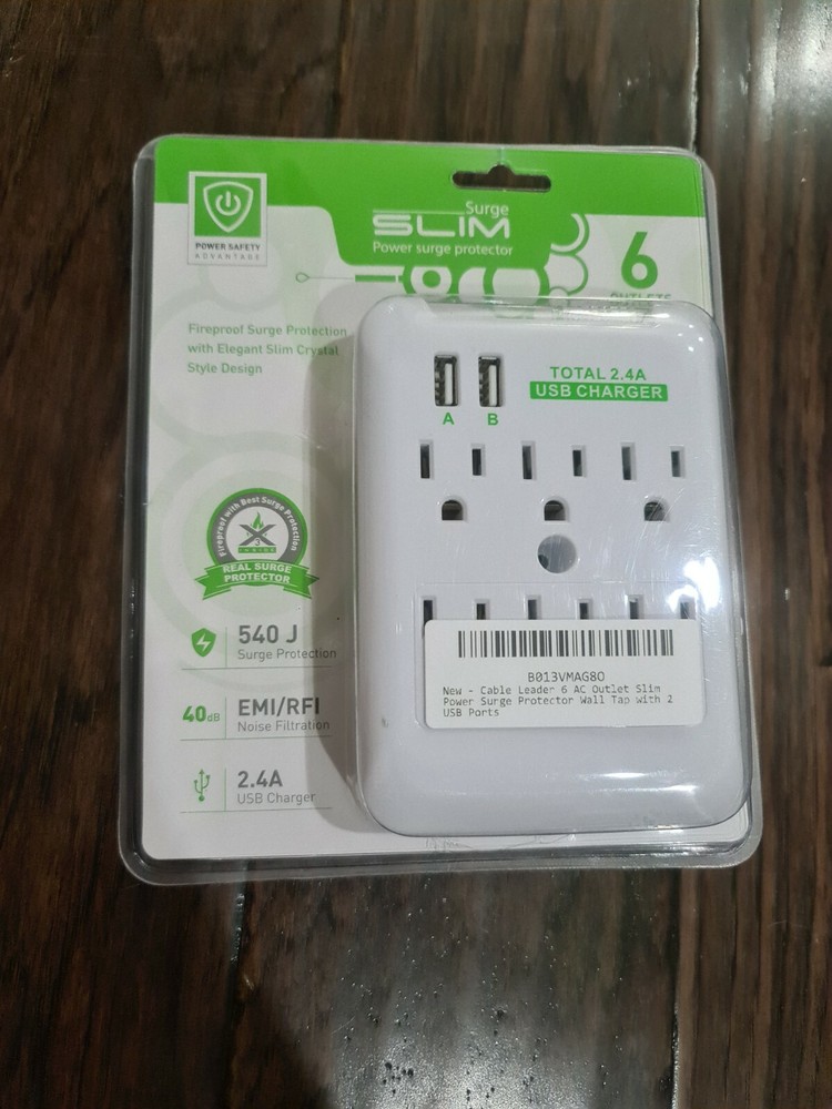 Slim Surge Protector 8 outlets Cable Leader AC 2 USB White New Sealed Power Safe