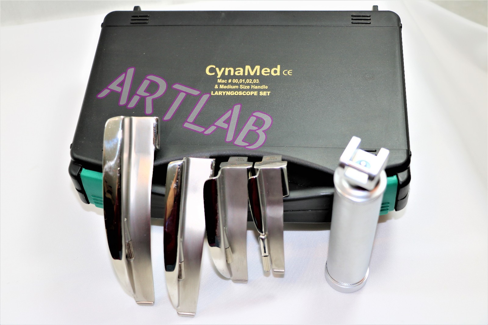 PREMIUM LARYNGOSCOPE SET OF 4 INTUBATION BLADES + MEDIUM HANDLE CYNAMED