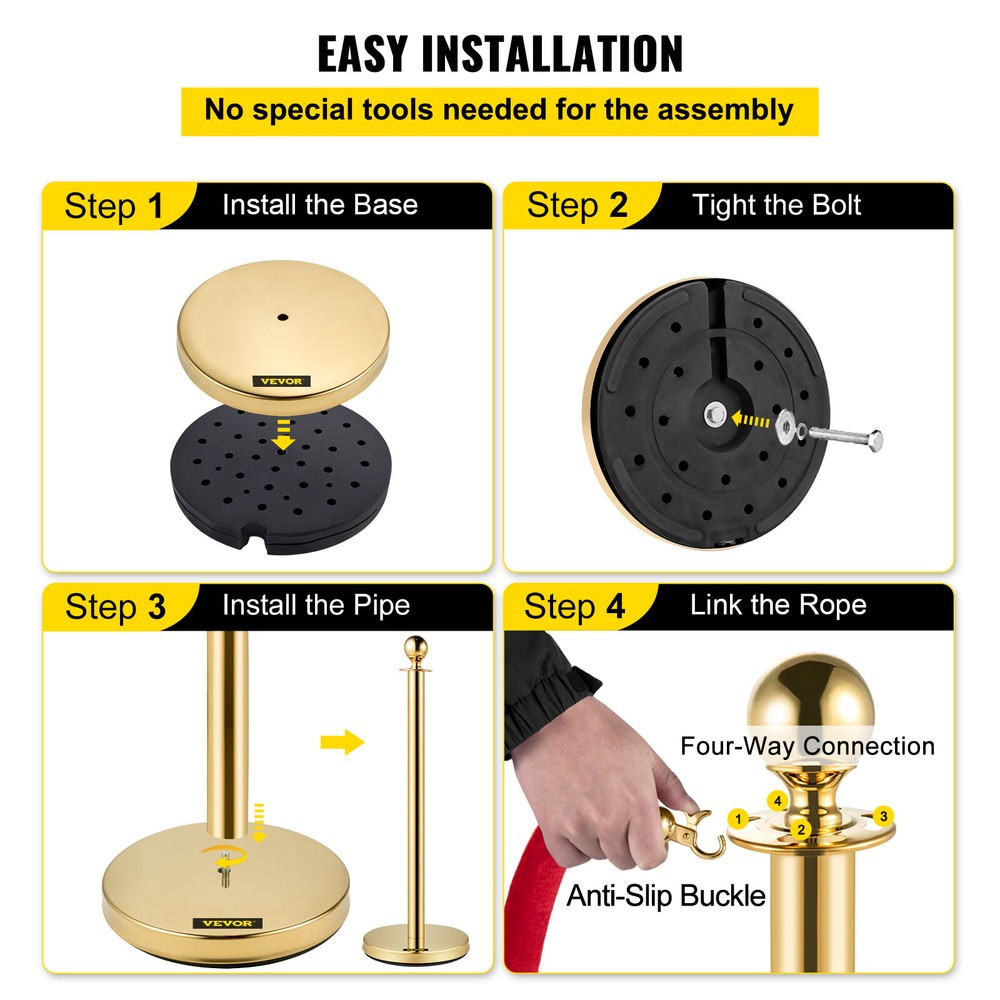 4PCS Gold Stanchion Posts Queue Pole with 3 Velvet Ropes Crowd Control Barrier