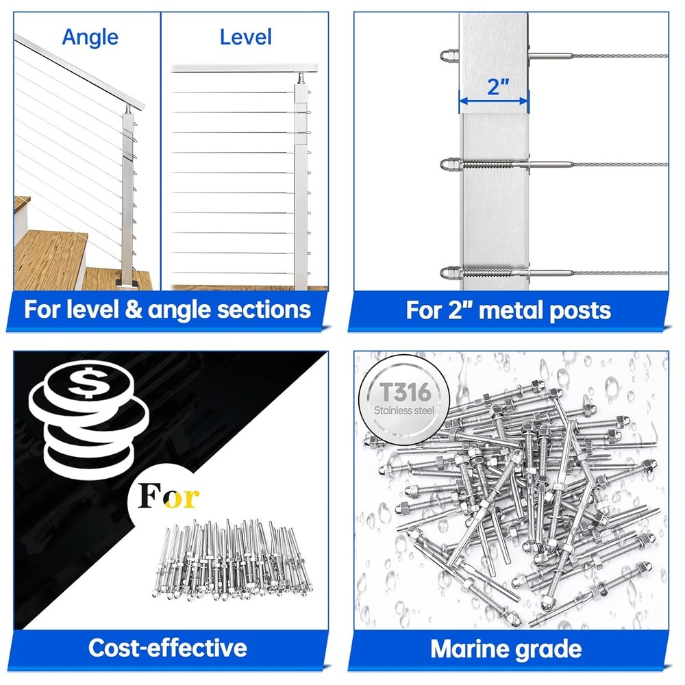 Muzata 60 Pack 1/8" Cable Railing Hardware For 2"x2" Post, Silver