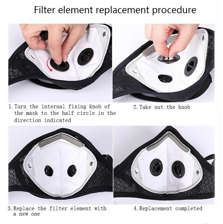 REUSABLE FACE MASK WITH BREATHING VALVES AND 5-LAYER REPLACEMENT FILTER
