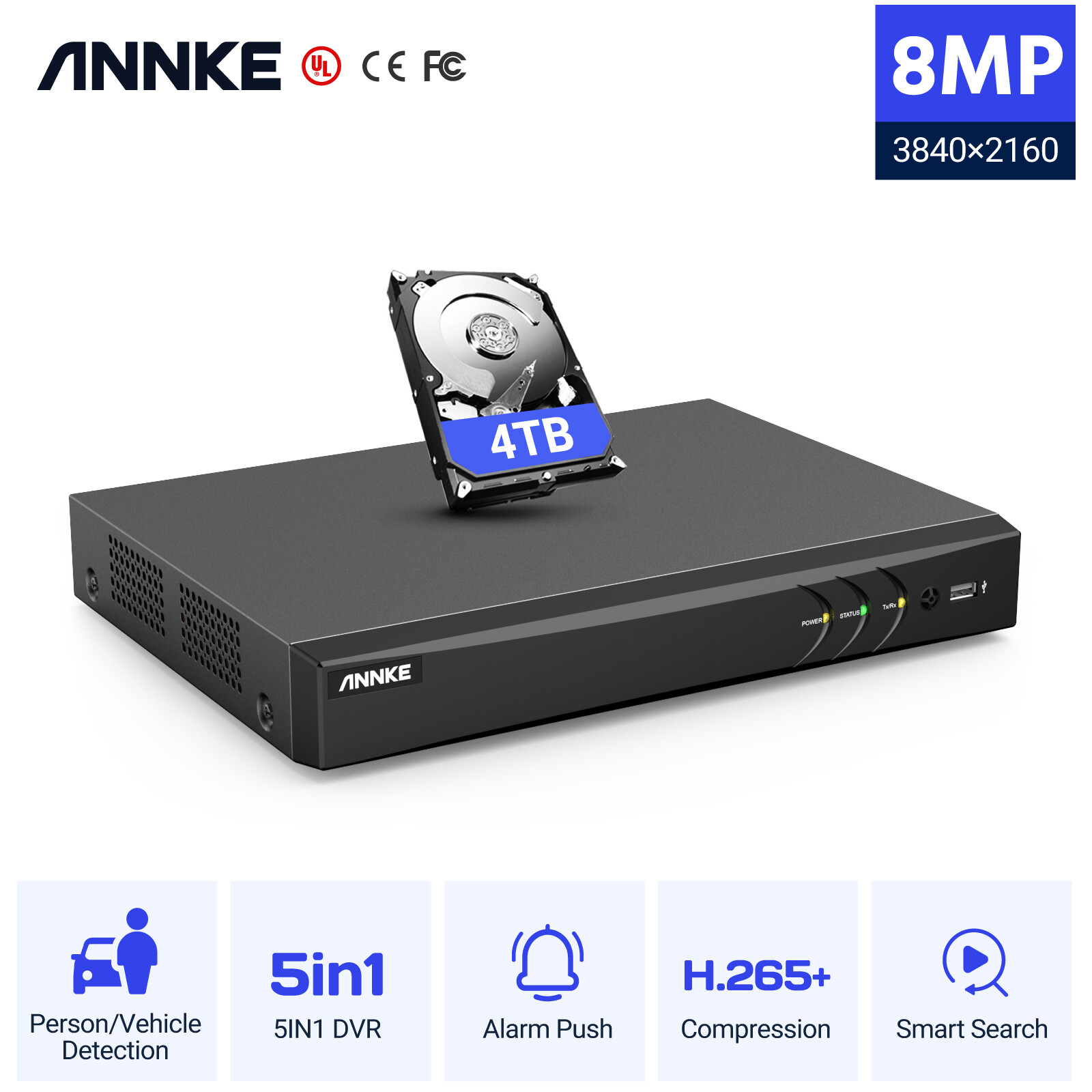 ANNKE 5IN1 4K 8MP 8CH DVR Video for CCTV Security Camera System AI Motion H.265+