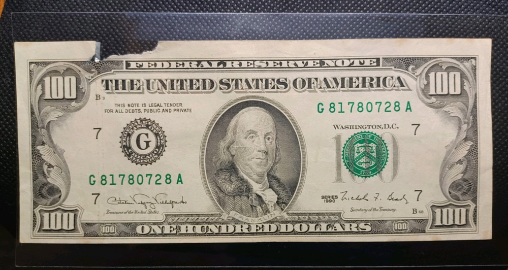 100 dollar bill 1990 Cut off center Error & Excessive ink Error (Piece torn off)