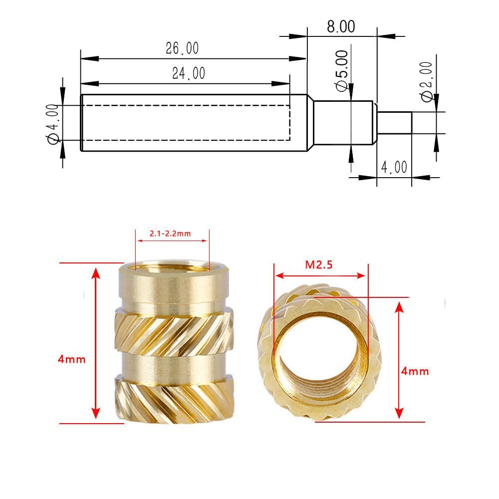 M2.5 Threaded Inserts for Plastic-100Pcs M2.5Xl4Xd4 with Heat Set Insert Tools-B
