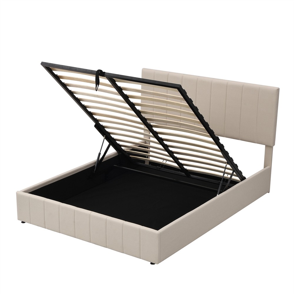 Queen Size Bed Frame Upholstered Platform Bed w/ Hydraulic Storage System
