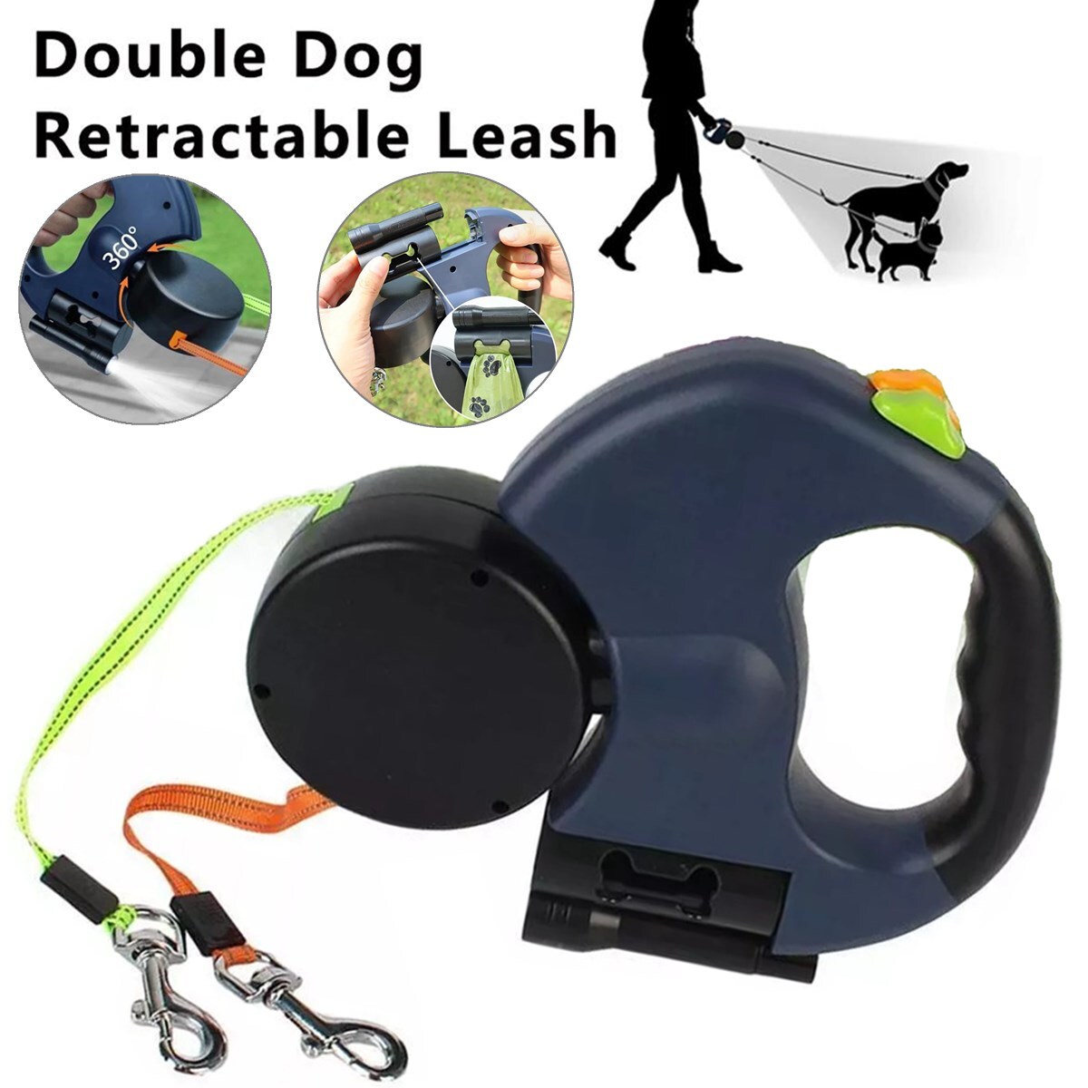 Retractable Dual Pet Leash Lead 360 Swivel Reflective Double Dog Walking Leashes