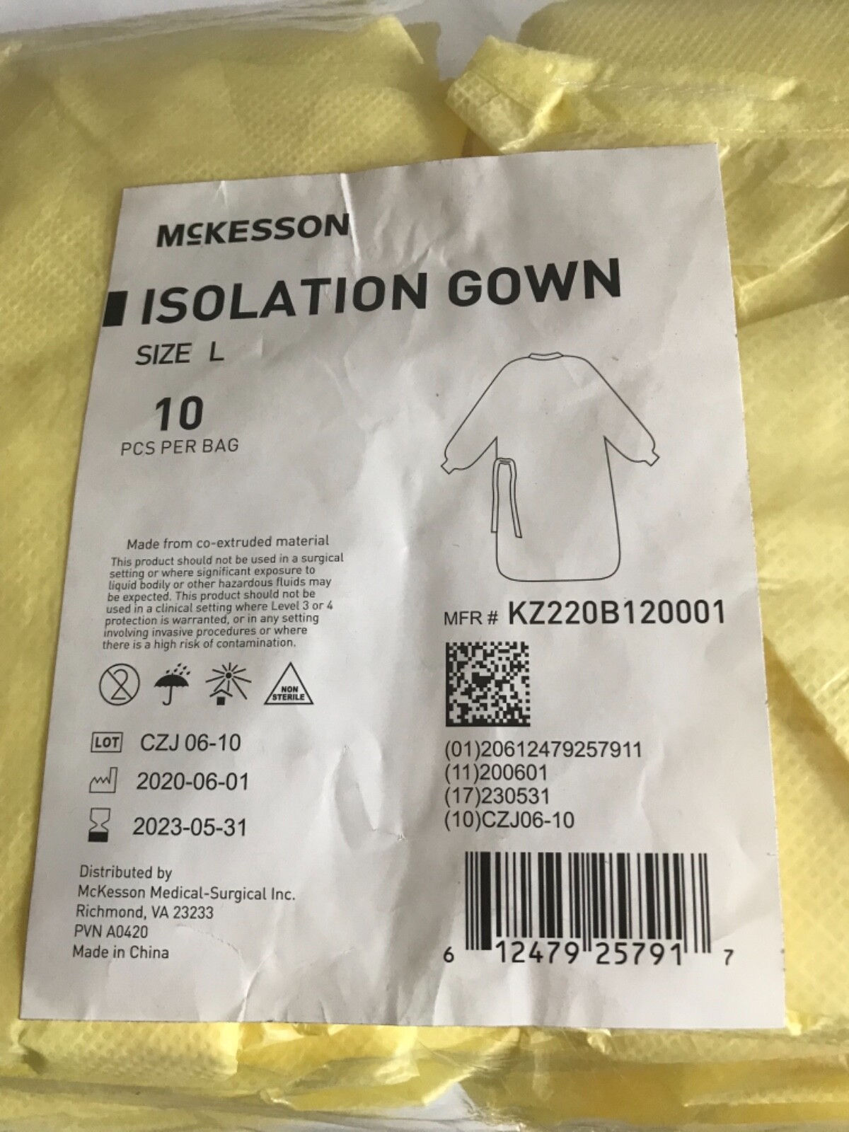 10 Count McKesson Yellow Isolation Gowns AAMI Level I GSM 30 Size Large Exp 2023