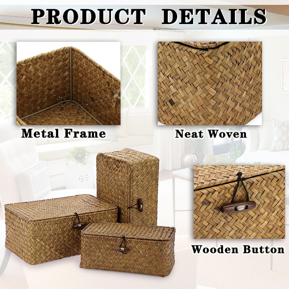 3 Set Caramel Rectangular Wicker Baskets, Lid, Seagrass, Decorative Bins