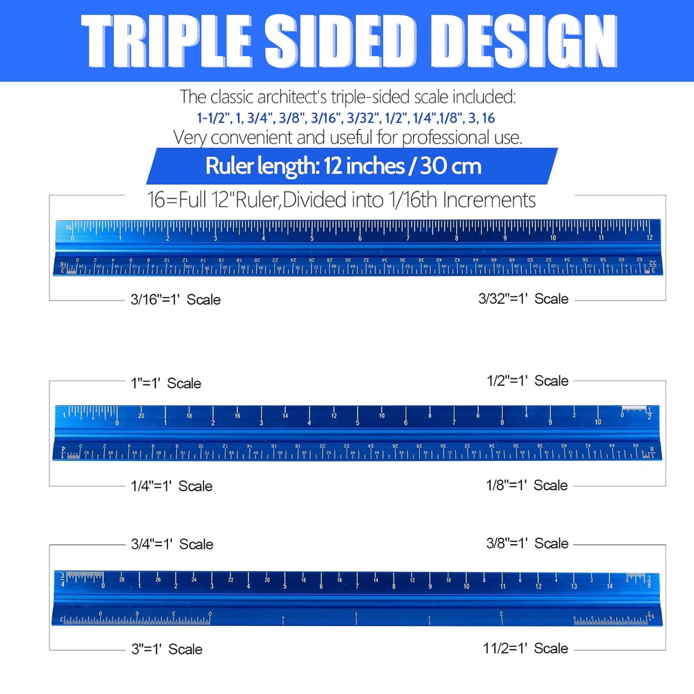 12 Inch Architectural Scale Ruler Aluminum Triangular Blueprint Measuring Tool