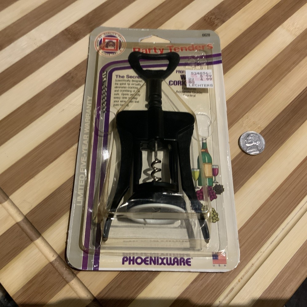 Vintage 1990 Phoenixware Bottle Opener Wing Corkscrew New Sealed Black