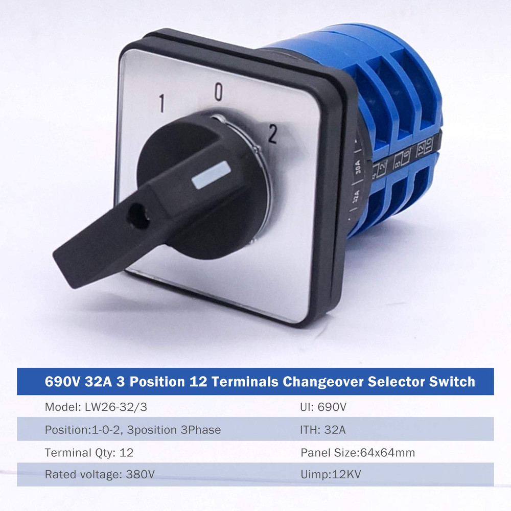 Universal Changeover Switch 32A 690V 3 Position 12 Terminals Latching Rotary ...