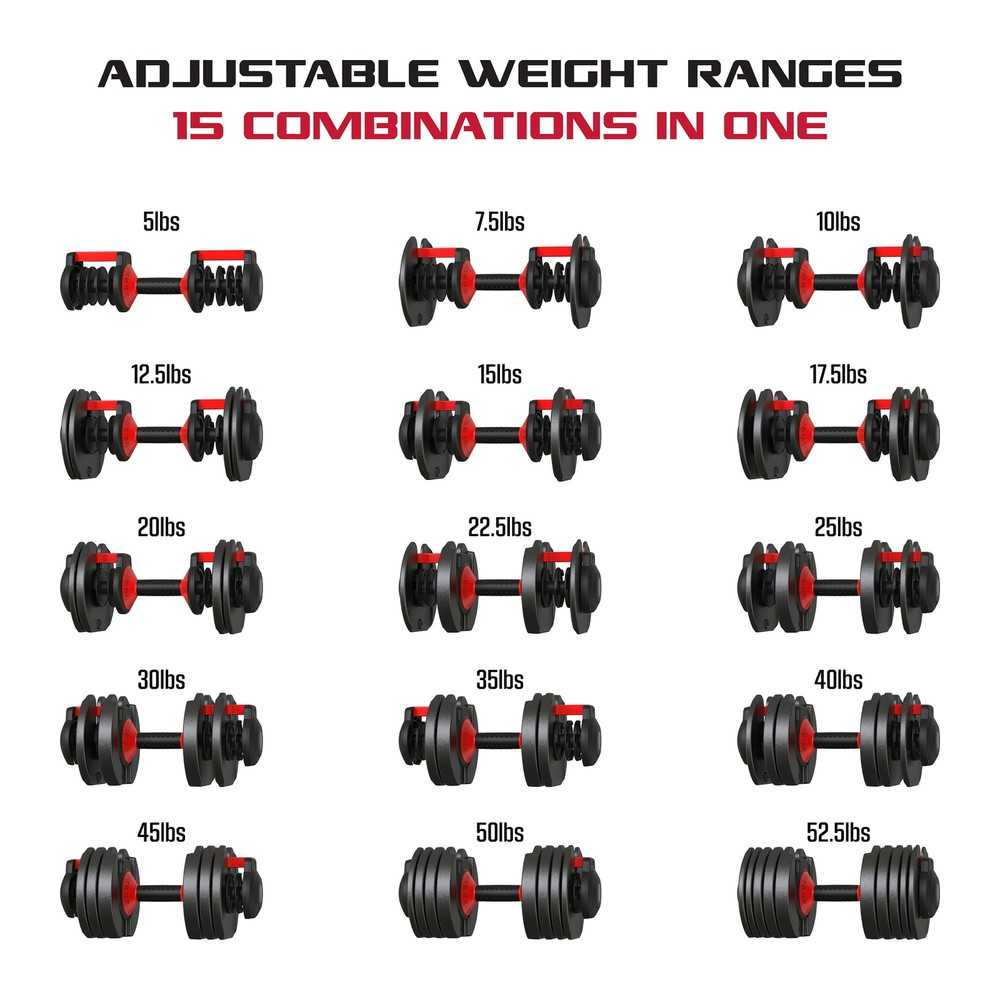 Dumbbell Weights Set 5-52.5Lbs Quick-Select Adjustable Compact Training Rack Set