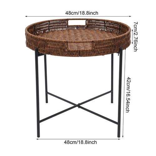 Foldable Braided Round Side Table w/Removable Tray, Imitation Rattan End Table