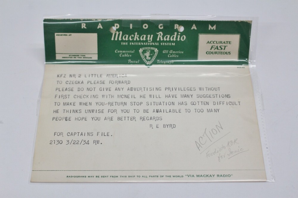 Radiogram Telegram Vintage Original Admiral Commander Richard E Byrd US Navy