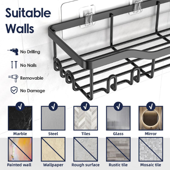 Upgraded Extended Length Shower Organizer with Hooks, Rustproof Shampoo Soap Hol