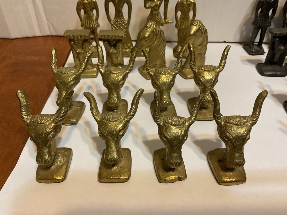 Vintage Solid Cast Brass Chess Pieces Set Greece Roman Unique