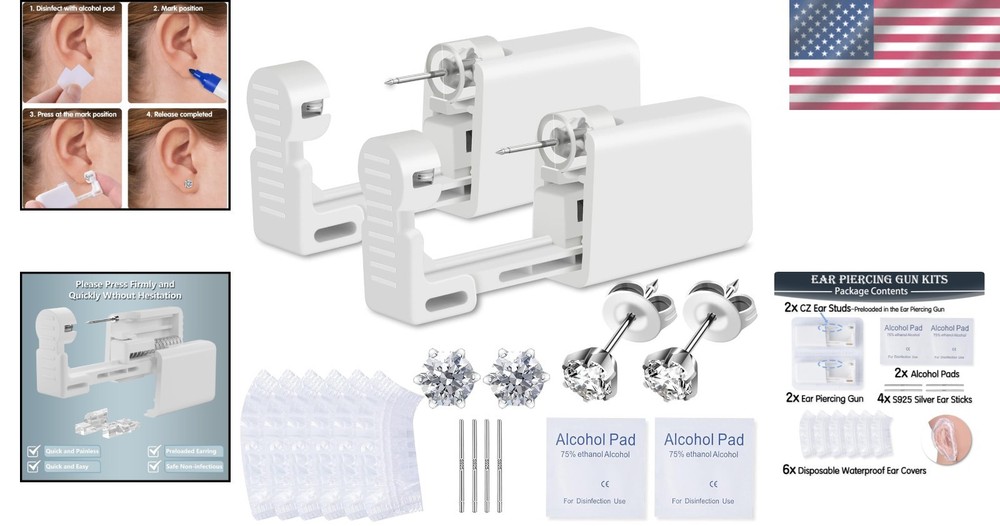 Beginner-Friendly Sterilized Ear Piercing Kit with 2 Painless Guns & Ear Covers