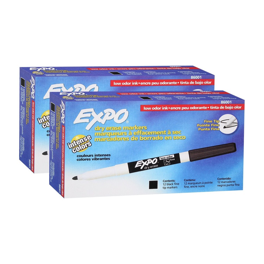 Low Odor Dry Erase Marker Black Fine Tip Quick Drying 24 Markers Total Bulk