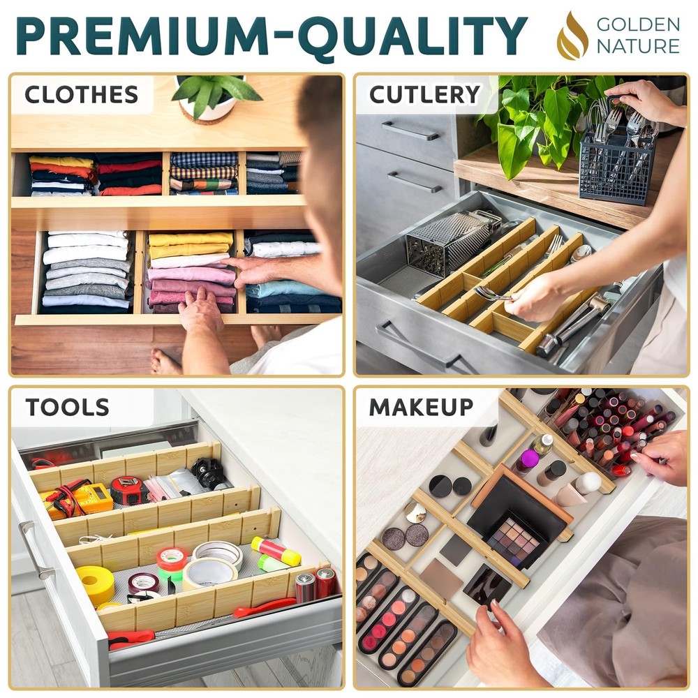 Bamboo Drawer Organizer - with Inserts & Labels, 17-22" - Adjustable Spring L...