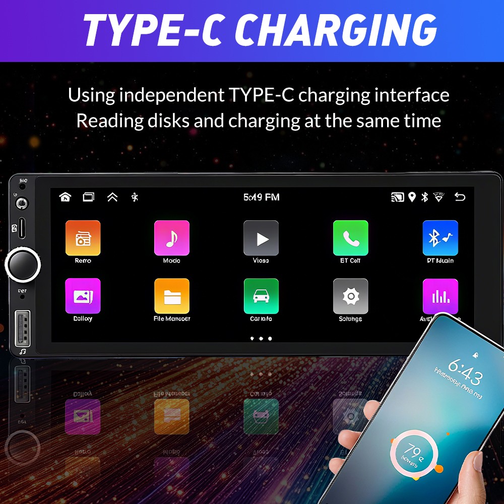 Single 1 Din Car Stereo Wireless CarPlay 6.8" Touchscreen Bluetooth Radio FM USB