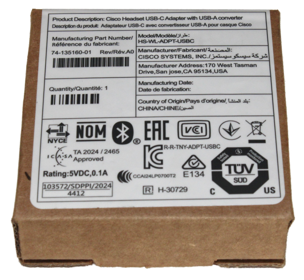 Cisco USB-C Wireless Bluetooth Adapter with USB-A Converter | HS-WL-ADPT-USBC