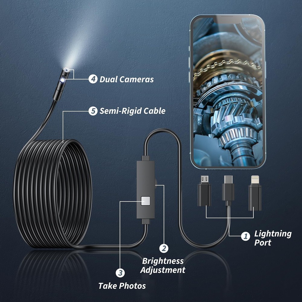 Endoscope Camera with Light,1920P HD Borescope Tools 8 16.4ft, black