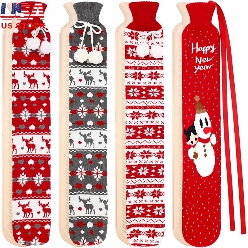 4 Pack Hot Water Bottle w/ Soft Cover, 2 Liter, Long, Natural Rubber, Christmas