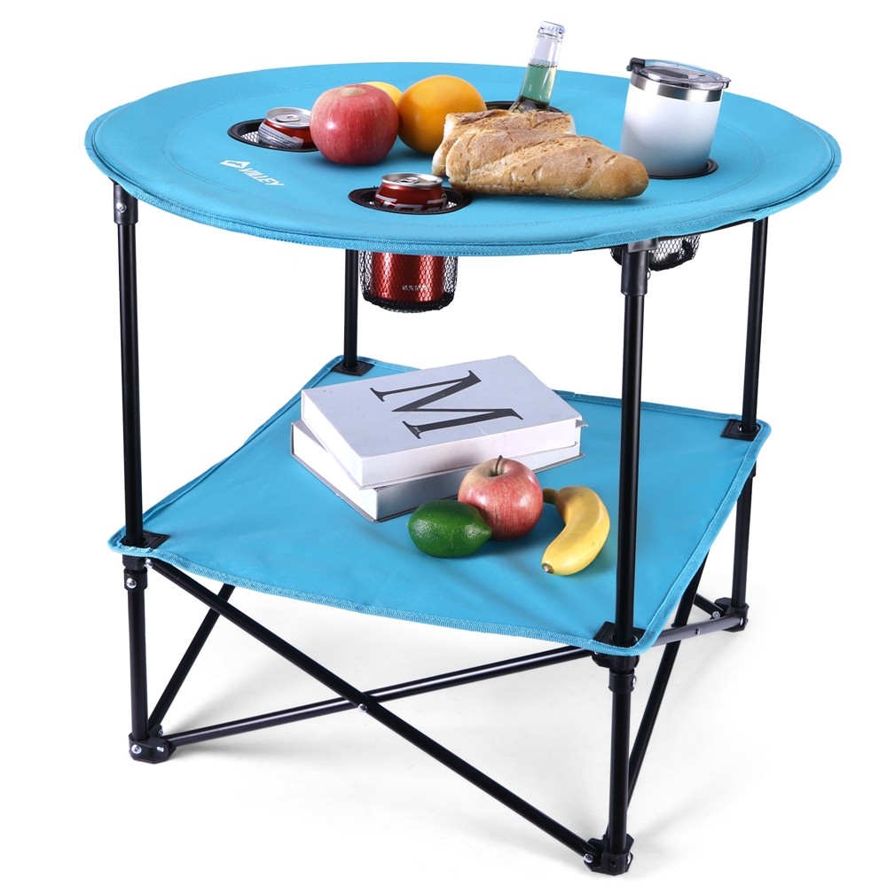 VILLEY Folding Round Camping Table Double-Layer w/4 Cup Holders & Carry Bag US