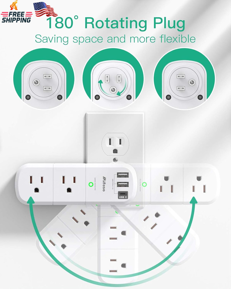 Outlet Extender with Rotating Plug, Mifaso Surge Protector 6 AC Multi Plug Wall