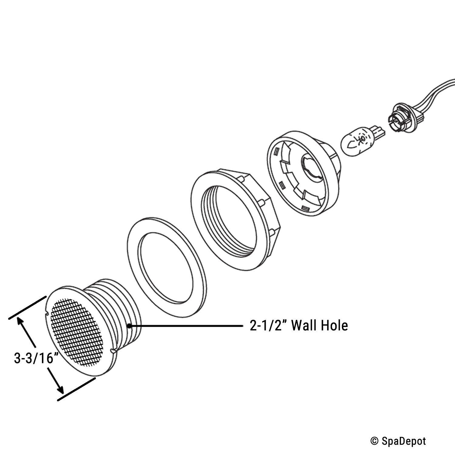 Light Assembly 3in for Hot Tub & Spa - Complete Kit with Lens, Bulb & Wiring 12V