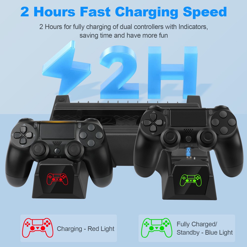 For PS4 Pro / Slim Vertical Stand + Cooling Fan Controller Charging Dock Station