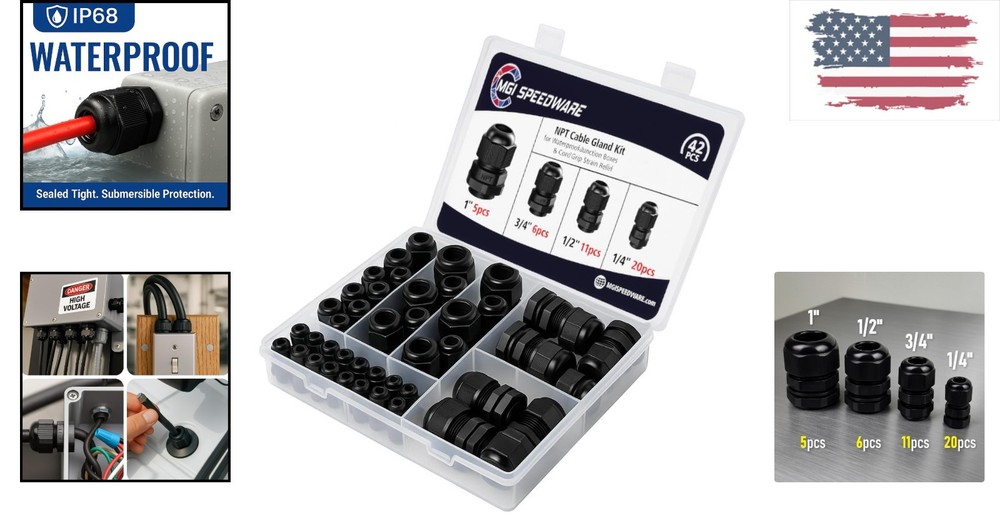 Assorted 42-Pc NPT Cable Gland Kit - Durable Strain Relief for Electrical Needs